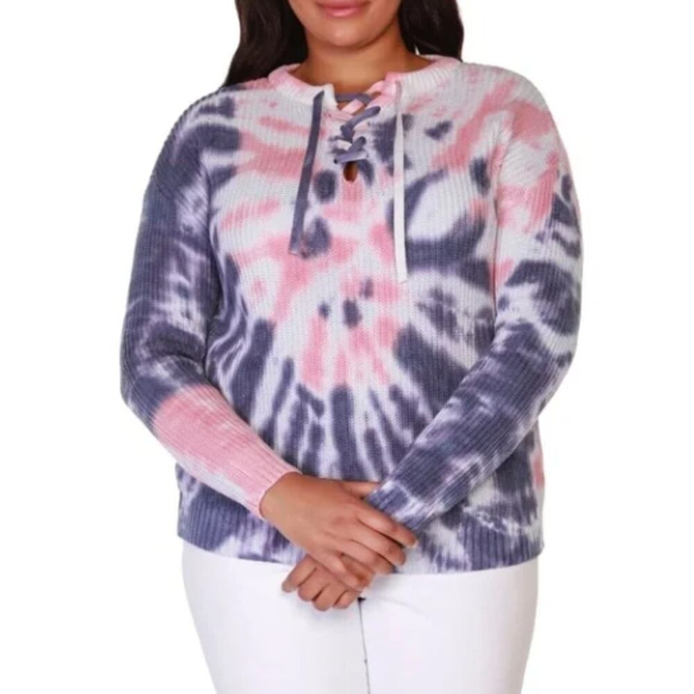 belle by belldini tie dye lace-up sweater navy/pink guava SMALL new PULLOVER
